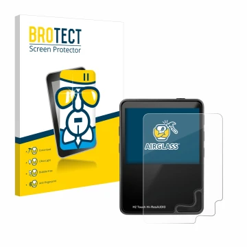 Front side of a product packaging with the brand logo BROTECT. Next to it is the device HifiWalker H2 touch shown with the cor