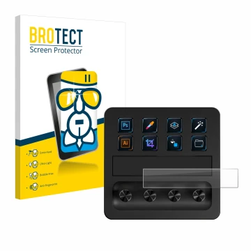 Front side of a product packaging with the brand logo BROTECT. Next to it is the device Elgato Stream Deck + shown with the co