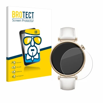 Front side of a product packaging with the brand logo BROTECT. Next to it is the device Huawei Watch GT 4 (41mm) shown with th