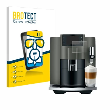 Front side of a product packaging with the brand logo BROTECT. Next to it is the device Jura E8 (EC) shown with the correspond