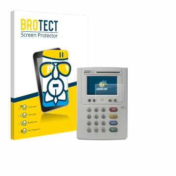 Front side of a product packaging with the brand logo BROTECT. Next to it is the device ingenico eHealth ORGA Neo 6141 shown w