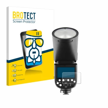 Front side of a product packaging with the brand logo BROTECT. Next to it is the device Godox V1 shown with the corresponding 