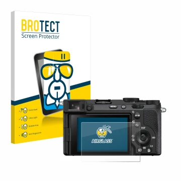 Front side of a product packaging with the brand logo BROTECT. Next to it is the device Sony Alpha 7CR shown with the correspo