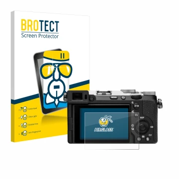 Front side of a product packaging with the brand logo BROTECT. Next to it is the device Sony Alpha 7C II (ILCE-7CM2) shown wit