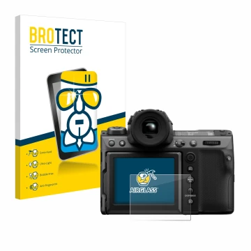 Front side of a product packaging with the brand logo BROTECT. Next to it is the device Fujifilm GFX100 II shown with the corr