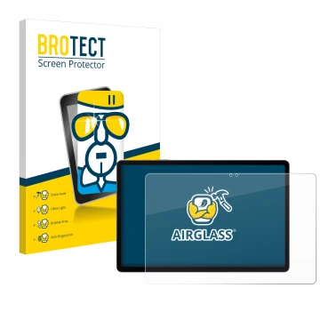 Front side of a product packaging with the brand logo BROTECT. Next to it is the device Samsung Galaxy Tab S9 FE+ shown with t