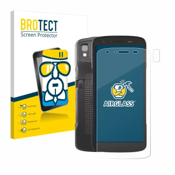 Front side of a product packaging with the brand logo BROTECT. Next to it is the device Zebra TC27 (Front+Camera) shown with t
