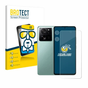 Front side of a product packaging with the brand logo BROTECT. Next to it is the device Xiaomi 13T Pro (Front+Camera) shown wi