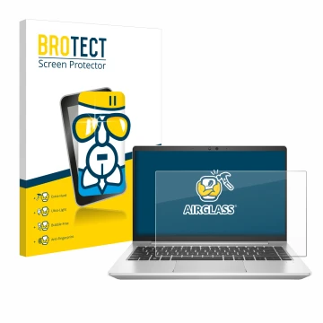 Front side of a product packaging with the brand logo BROTECT. Next to it is the device HP EliteBook 645 G10 shown with the co
