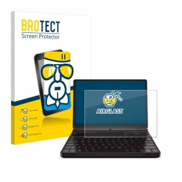 Front side of a product packaging with the brand logo BROTECT. Next to it is the device GPD Win Max 2 2023 shown with the corr