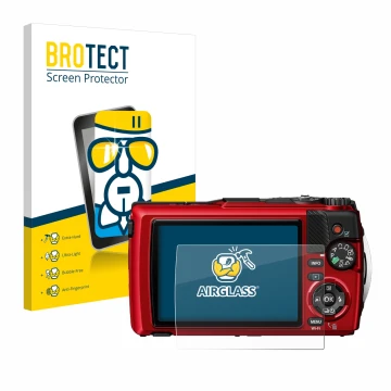 Front side of a product packaging with the brand logo BROTECT. Next to it is the device Olympus OM System Tough TG-7 shown wit