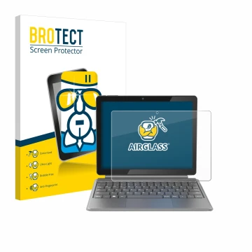 Front side of a product packaging with the brand logo BROTECT. Next to it is the device Alldocube iWork 20 Pro shown with the 