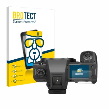 Front side of a product packaging with the brand logo BROTECT. Next to it is the device Fujifilm GFX100 II (top plate display)