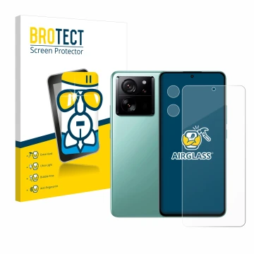 Front side of a product packaging with the brand logo BROTECT. Next to it is the device Xiaomi 13T (Front+Camera) shown with t