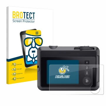 Front side of a product packaging with the brand logo BROTECT. Next to it is the device Leica SOFORT 2 shown with the correspo