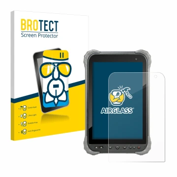 Front side of a product packaging with the brand logo BROTECT. Next to it is the device Juniper Systems Cedar CT8X2 shown with