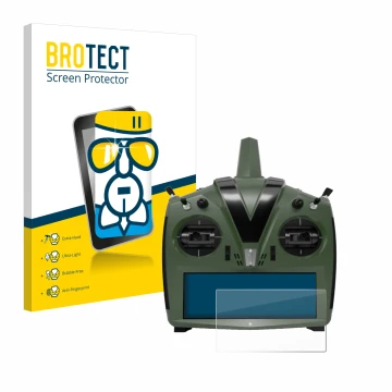 Front side of a product packaging with the brand logo BROTECT. Next to it is the device VBar Control Evo shown with the corres