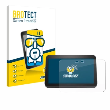 Front side of a product packaging with the brand logo BROTECT. Next to it is the device Amazon Echo Show 8 2023 (3th Gen.) sho