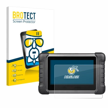 Front side of a product packaging with the brand logo BROTECT. Next to it is the device Autel MaxiCheck MX808s shown with the 