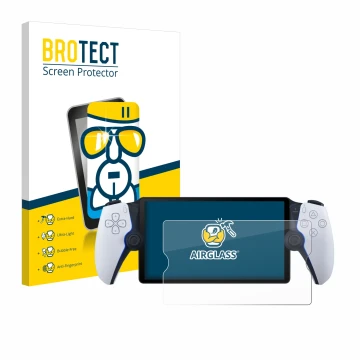 Front side of a product packaging with the brand logo BROTECT. Next to it is the device Sony Playstation Portal shown with the