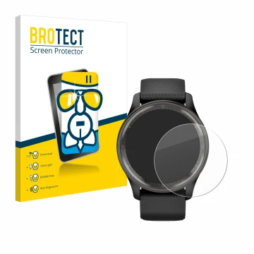 Front side of a product packaging with the brand logo BROTECT. Next to it is the device Garmin Vivomove Trend shown with the c