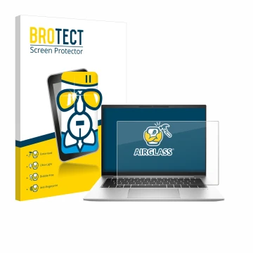 Front side of a product packaging with the brand logo BROTECT. Next to it is the device HP EliteBook 845 G10 shown with the co