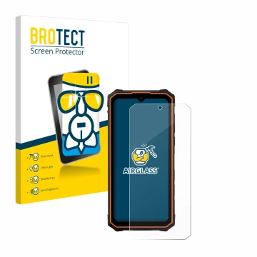 Front side of a product packaging with the brand logo BROTECT. Next to it is the device Hotwav Cyber 13 Pro shown with the cor