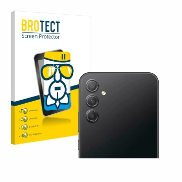 Front side of a product packaging with the brand logo BROTECT. Next to it is the device Samsung Galaxy A34 5G Enterprise Editi