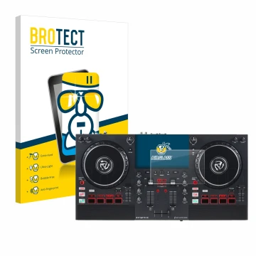 Front side of a product packaging with the brand logo BROTECT. Next to it is the device Numark Mixstream Pro+ shown with the c