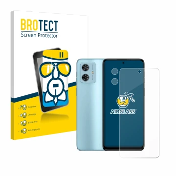 Front side of a product packaging with the brand logo BROTECT. Next to it is the device Motorola Moto G54 (Front+Camera) shown