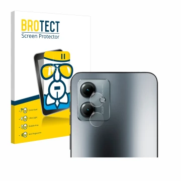 Front side of a product packaging with the brand logo BROTECT. Next to it is the device Motorola Moto G14 (ONLY Camera Lens) s