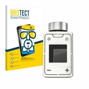 Front side of a product packaging with the brand logo BROTECT. Next to it is the device AVM FRITZ!DECT 302 shown with the corr