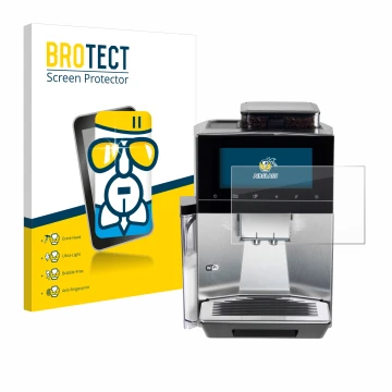 Front side of a product packaging with the brand logo BROTECT. Next to it is the device Siemens EQ900 TQ903D03 shown with the 
