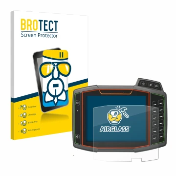 Front side of a product packaging with the brand logo BROTECT. Next to it is the device Amazone AmaTron 4 shown with the corre
