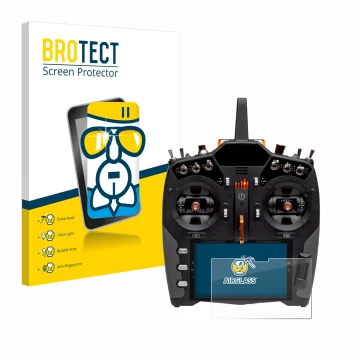Front side of a product packaging with the brand logo BROTECT. Next to it is the device Spektrum NX20 shown with the correspon