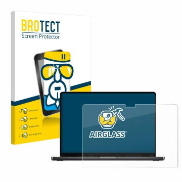 Front side of a product packaging with the brand logo BROTECT. Next to it is the device Apple MacBook Pro 16