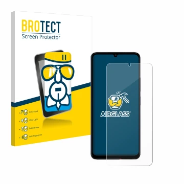 Front side of a product packaging with the brand logo BROTECT. Next to it is the device Xiaomi Poco C65 shown with the corresp