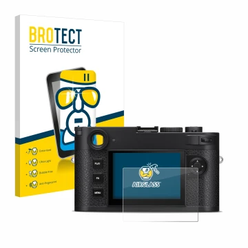 Front side of a product packaging with the brand logo BROTECT. Next to it is the device Leica M11-P shown with the correspondi