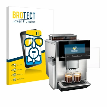 Front side of a product packaging with the brand logo BROTECT. Next to it is the device Siemens EQ900 TQ907D03 shown with the 