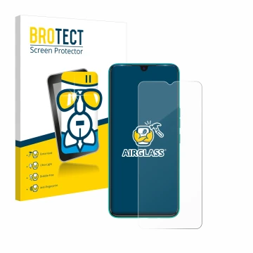 Front side of a product packaging with the brand logo BROTECT. Next to it is the device Tecno Spark 7 shown with the correspon