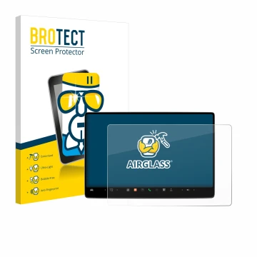 Front side of a product packaging with the brand logo BROTECT. Next to it is the device Tesla Model 3 2024 shown with the corr