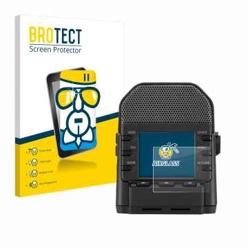Front side of a product packaging with the brand logo BROTECT. Next to it is the device Zoom Q2n-4K shown with the correspondi