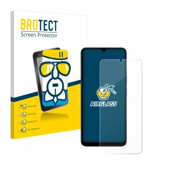 Front side of a product packaging with the brand logo BROTECT. Next to it is the device Xiaomi Redmi 13C shown with the corres