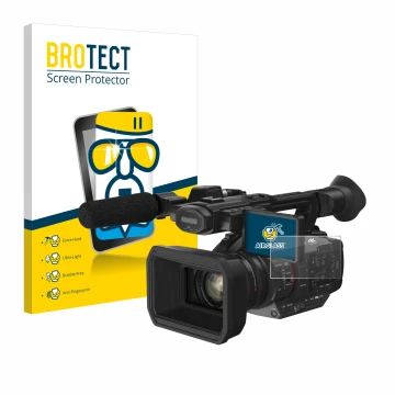 Front side of a product packaging with the brand logo BROTECT. Next to it is the device Panasonic HC-X2 shown with the corresp