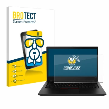 Front side of a product packaging with the brand logo BROTECT. Next to it is the device Lenovo ThinkPad P14s Gen 2 shown with 