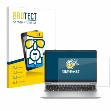 Front side of a product packaging with the brand logo BROTECT. Next to it is the device HP ProBook 445 G10 shown with the corr