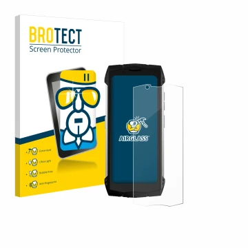 Front side of a product packaging with the brand logo BROTECT. Next to it is the device Doogee S Mini shown with the correspon