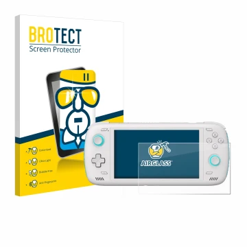 Front side of a product packaging with the brand logo BROTECT. Next to it is the device AYN Odin 2 shown with the correspondin