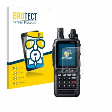 Front side of a product packaging with the brand logo BROTECT. Next to it is the device Yaesu FTA-850L shown with the correspo