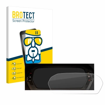 Front side of a product packaging with the brand logo BROTECT. Next to it is the device Audi A3 2023 Virtual cockpit shown wit